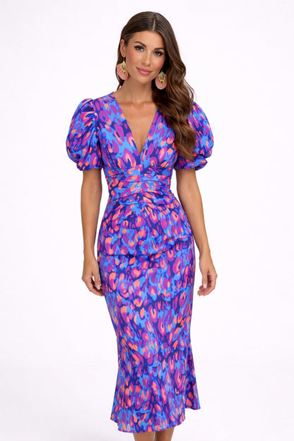 Vestido midi mujer con mangas abullonadas y detalle calado - Mavetta