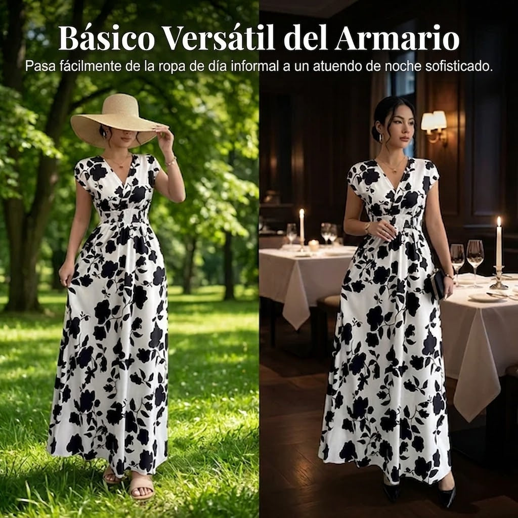 Vestido largo Mujer con escote en V y estampado floral