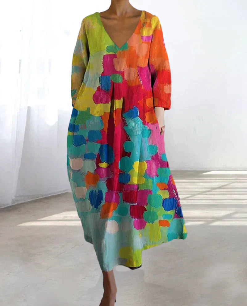 Vestido largo Mujer Escote en V Estampado Artistico
