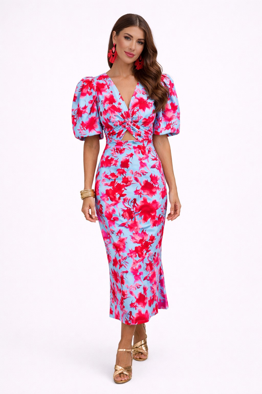 Vestido midi mujer con mangas abullonadas y detalle calado