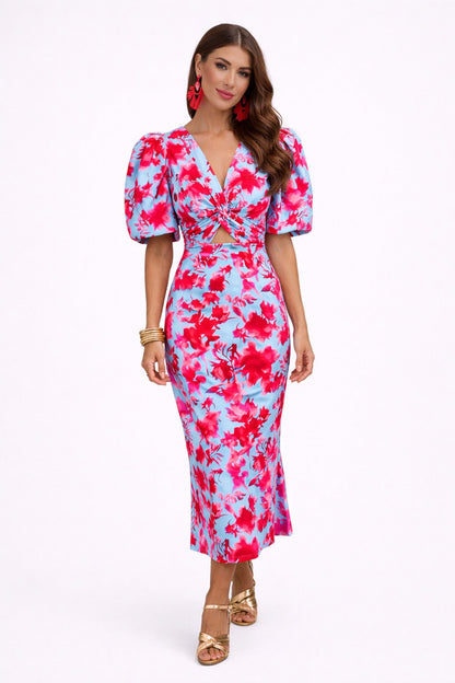 Vestido midi mujer con mangas abullonadas y detalle calado