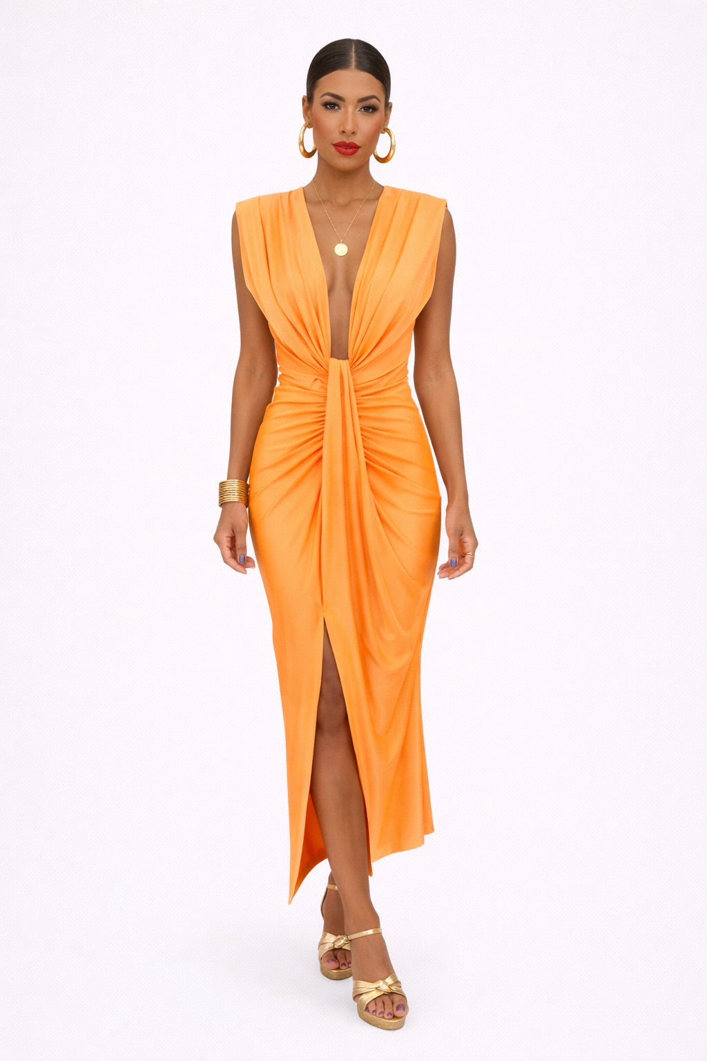 Vestido Largo Mujer Poliéster Spandex Escote en V Fruncido