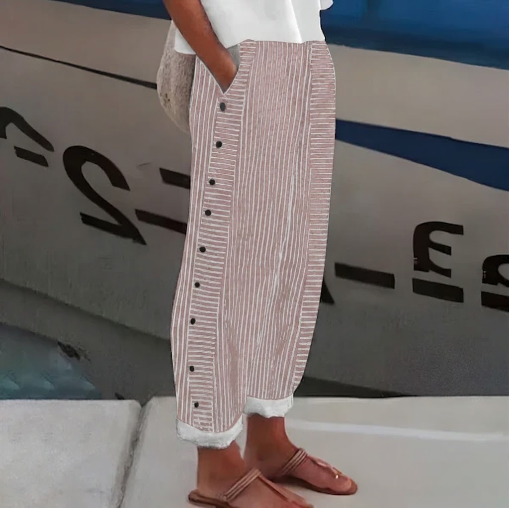 Pantalón recto Mujer con botones laterales y rayas