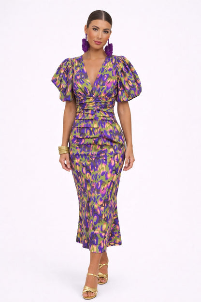 Vestido midi mujer con mangas abullonadas y detalle calado