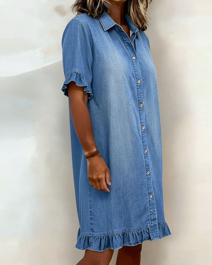 Vestido Mujer de Denim con Botones y Volantes Estilo Casual