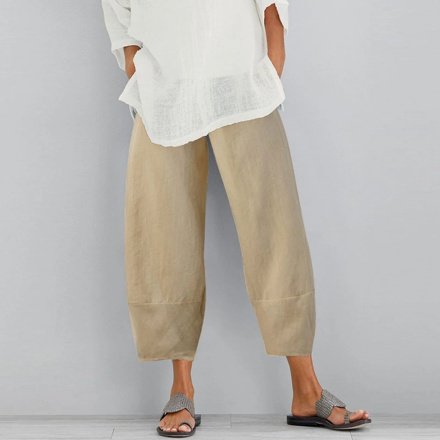Pantalón ancho mujer de tela ligera corte suelto y largo cropped