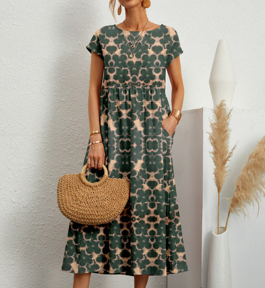 Vestido Midi Mujer Fluido Estampado Manga Corta - Mavetta