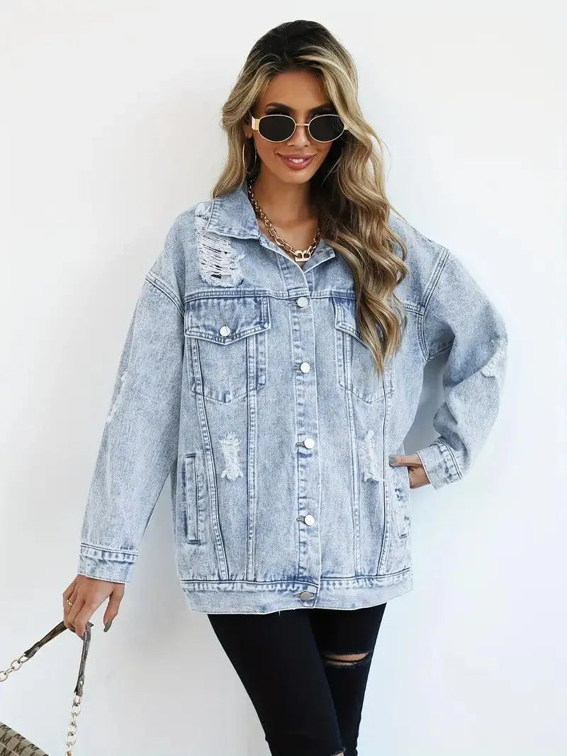Chaqueta Vaquera Mujer Algodón Oversize Efecto Lavado Desgastada