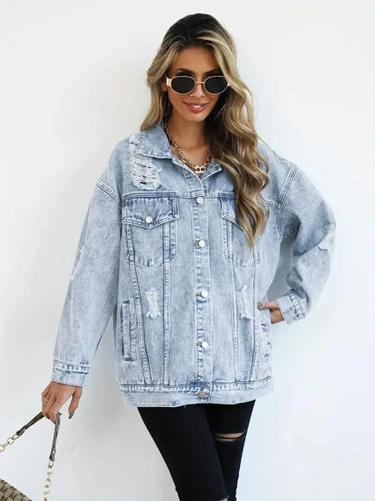 Chaqueta Vaquera Mujer Algodón Oversize Efecto Lavado Desgastada