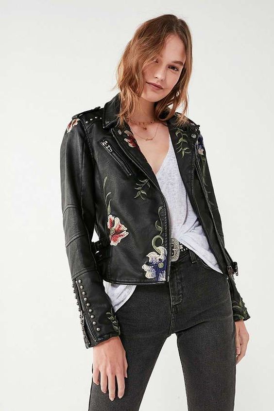 Chaqueta Mujer de Cuero con Bordado Floral Ajuste Regular - Mavetta