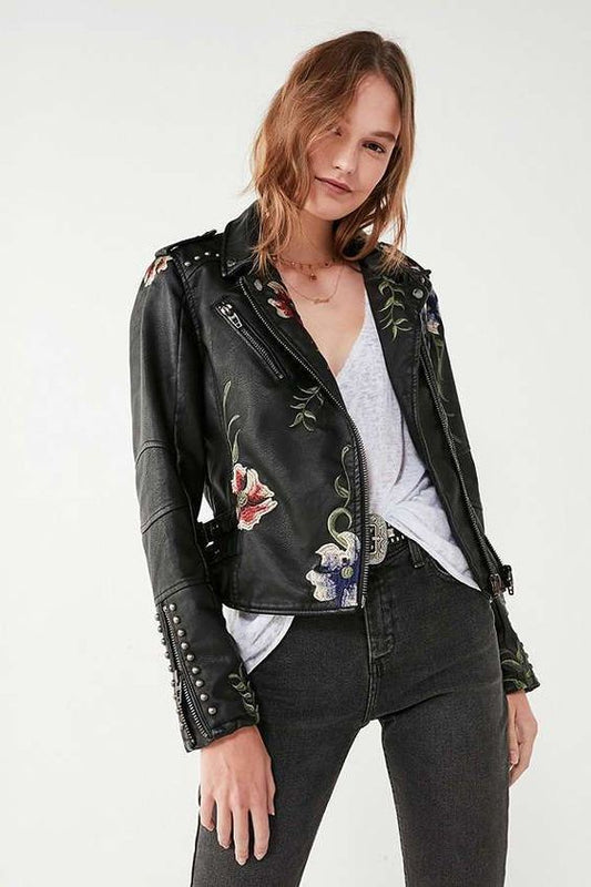 Chaqueta Mujer de Cuero con Bordado Floral Ajuste Regular - Mavetta