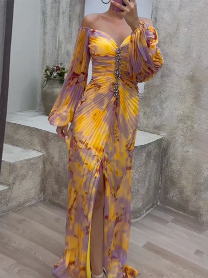 Vestido largo mujer con mangas abullonadas y escote en V