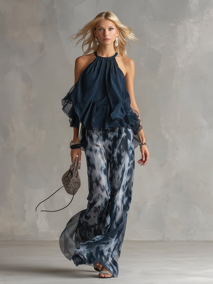 Conjunto Mujer de Chifón Halter Volantes Pantalón Ancho