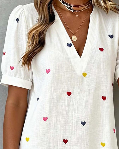 Vestido corto mujer algodón lino escote en V manga abullonada