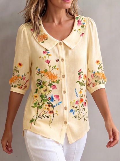 Blusa mujer lino algodón cuello peter pan estilo vintage