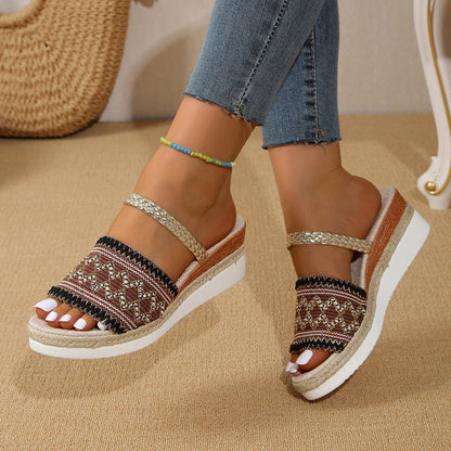 Sandalias Cuña Mujer Diseño Ondas Estilo Étnico Verano
