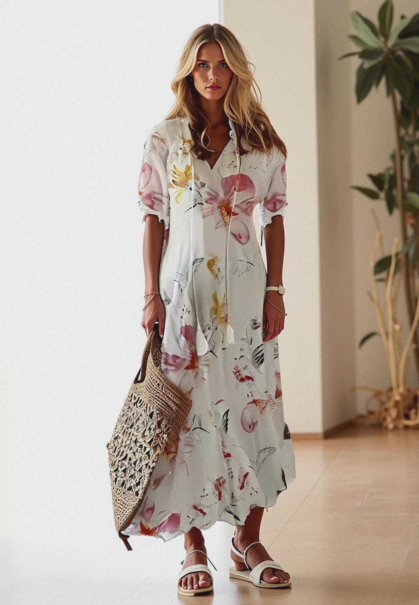 Vestido largo mujer con cuello camisero y lazo en cintura - Mavetta