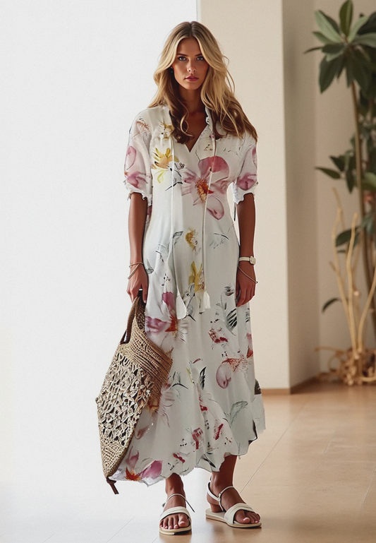 Vestido largo mujer con cuello camisero y lazo en cintura - Mavetta