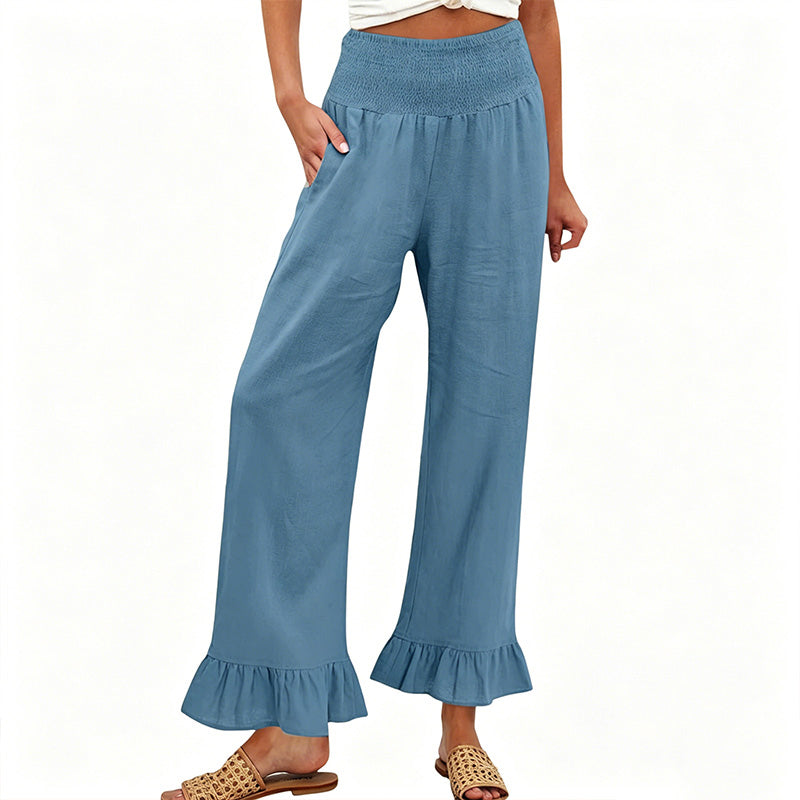 Pantalón mujer algodón y lino ancho tiro alto volante boho