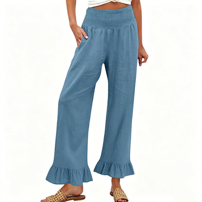 Pantalón mujer algodón y lino ancho tiro alto volante boho