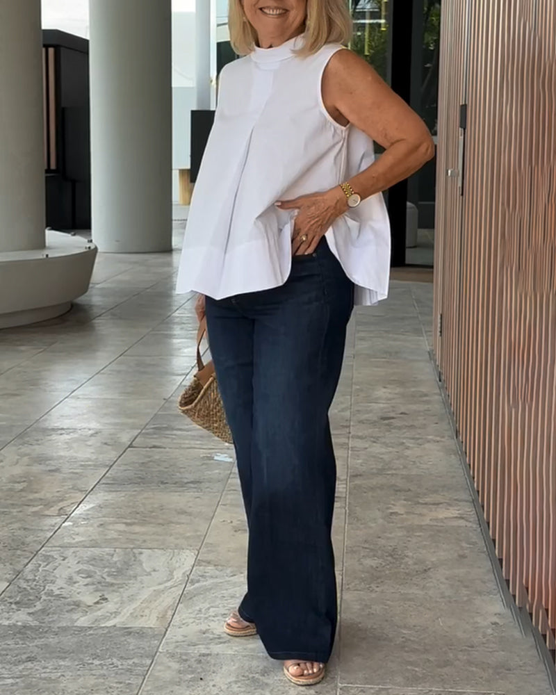Mujer sin Mangas Cuello Alto Pliegue