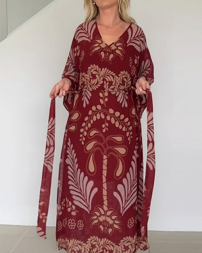 Vestido maxi mujer fluido estampado hojas estilo bohemio