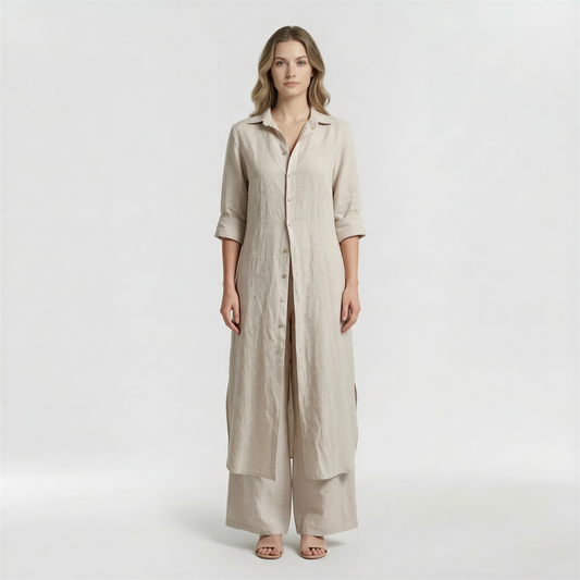 Conjunto Mujer Camisa Larga y Pantalón Pata Ancha Mezcla Lino - Mavetta