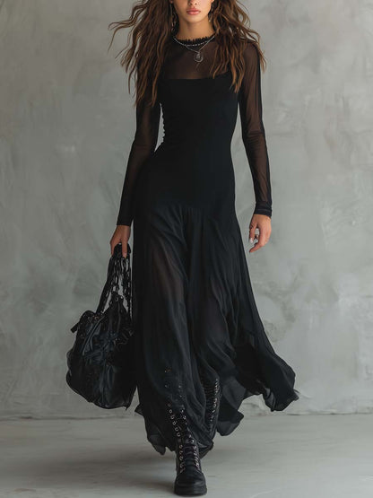 Vestido Maxi Mujer Gasa Mangas Transparentes Ajuste Elegante - Mavetta
