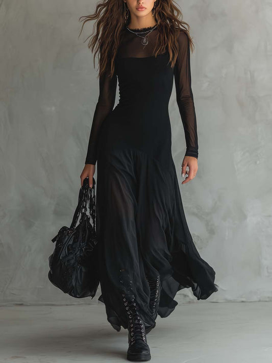 Vestido Maxi Mujer Gasa Mangas Transparentes Ajuste Elegante - Mavetta
