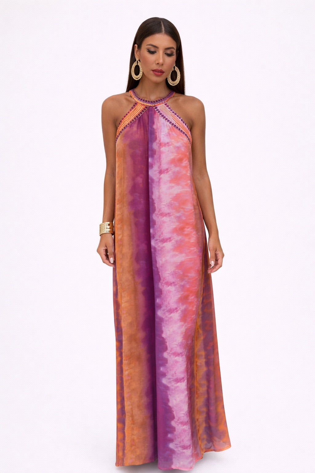 Vestido Mujer de Gasa con Lentejuelas Cuello Halter Estilo Boho