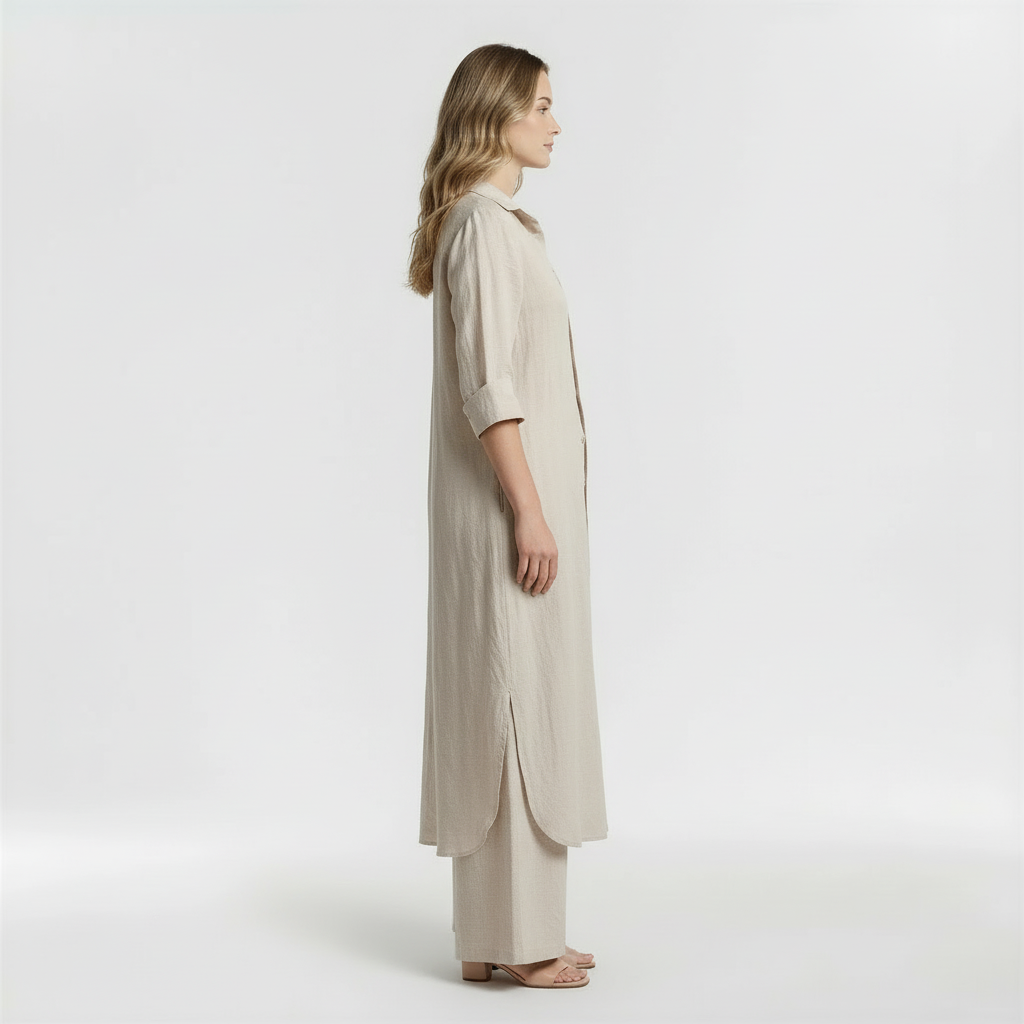Conjunto Mujer Camisa Larga y Pantalón Pata Ancha Mezcla Lino
