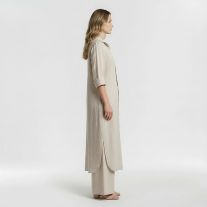 Conjunto Mujer Camisa Larga y Pantalón Pata Ancha Mezcla Lino