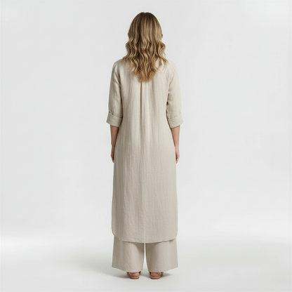 Conjunto Mujer Camisa Larga y Pantalón Pata Ancha Mezcla Lino