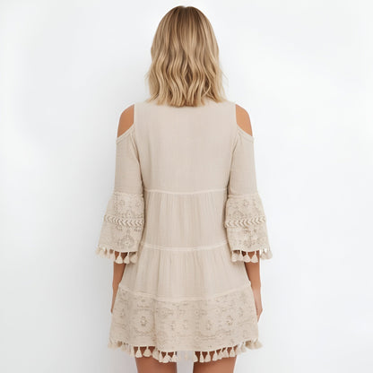 Vestido Corto Mujer Algodón Bordado Estilo Boho
