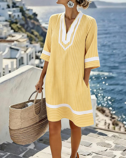 Vestido Mujer Rayas Cuello en V Estilo Casual Veraniego