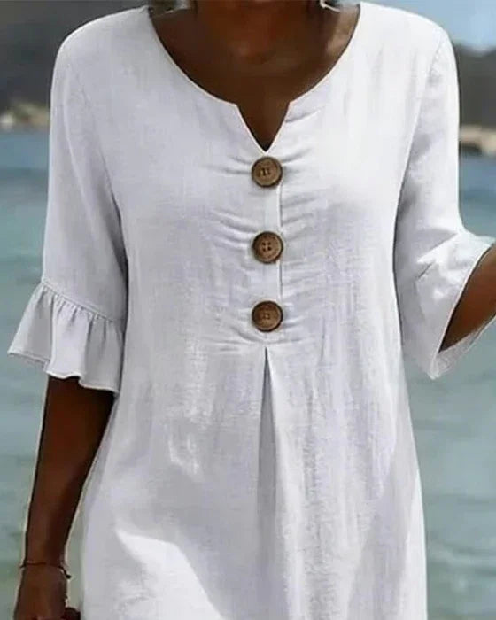 Vestido mujer de lino manga abullonada estilo fresco