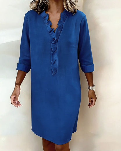 Vestido mujer lino algodón escote en V volantes casual