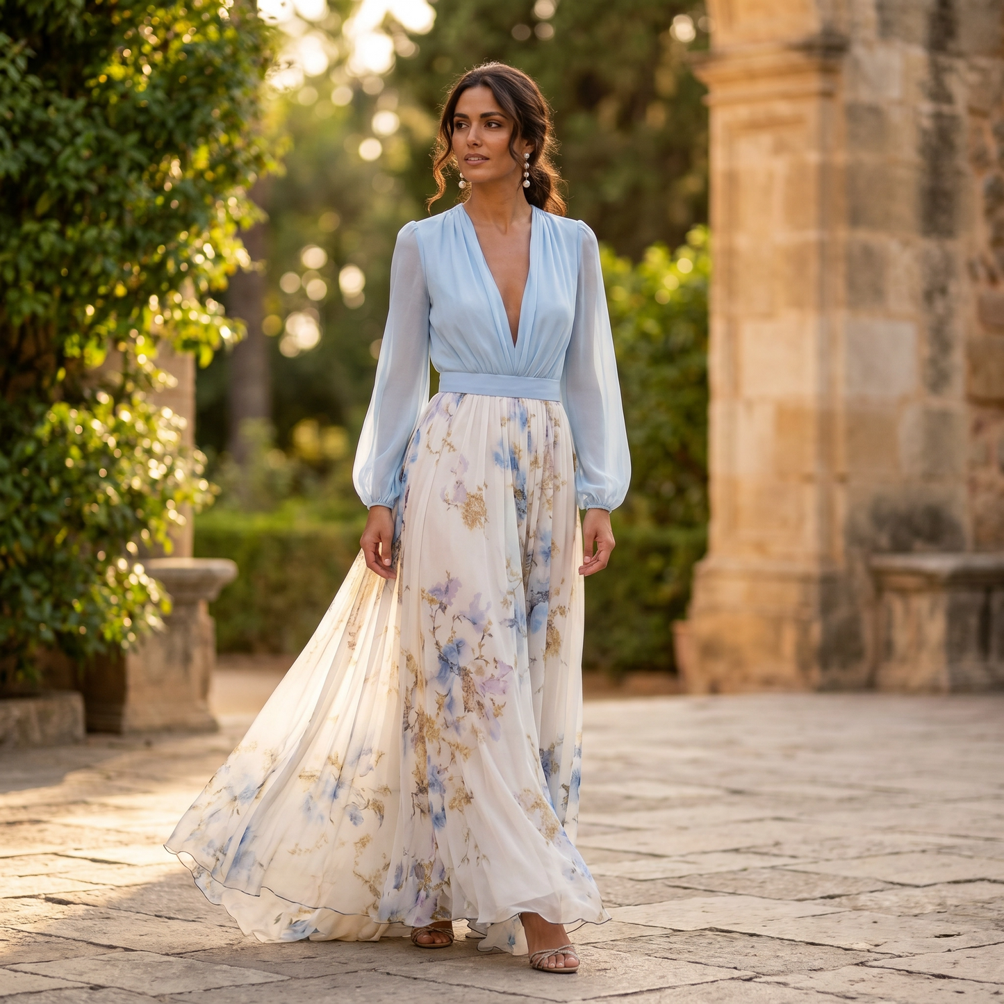 Vestido maxi mujer con escote floral y corte fluido - Mavetta