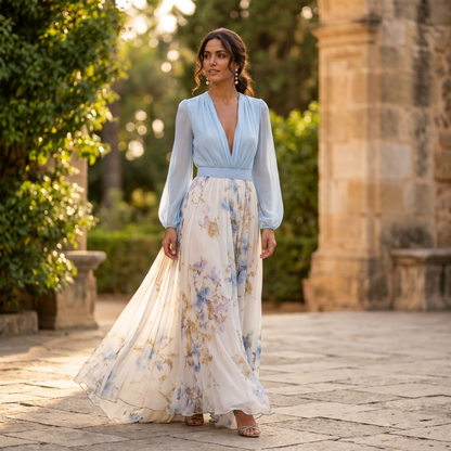 Vestido maxi mujer con escote floral y corte fluido - Mavetta