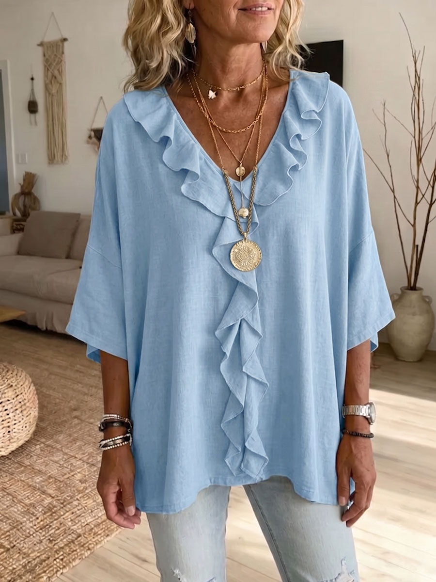 Blusa Mujer Algodón Lino Corte Suelto Escote en V Volantes - Mavetta
