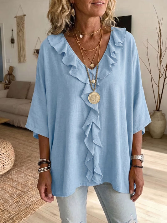Blusa Mujer Algodón Lino Corte Suelto Escote en V Volantes - Mavetta