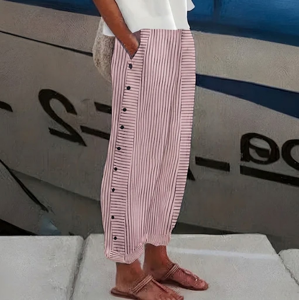Pantalón recto Mujer con botones laterales y rayas