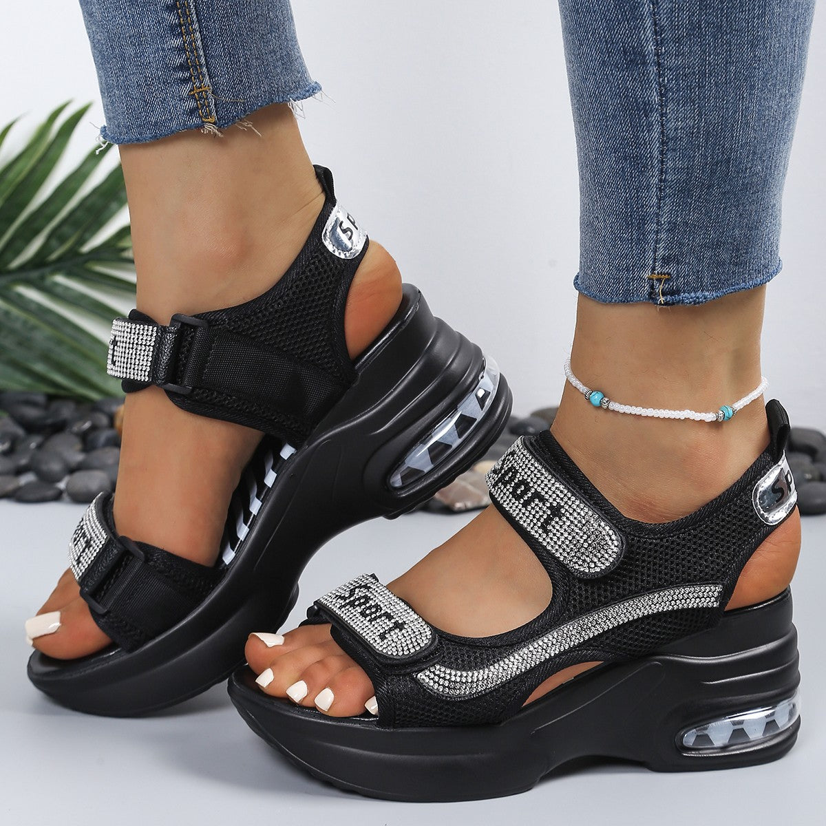 Sandalias mujer plataforma strass velcro suela aire deportivas casual