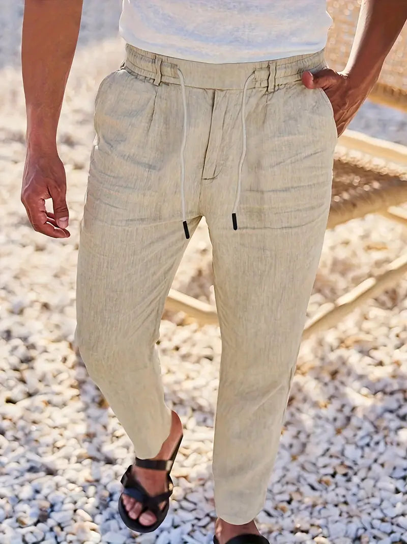 Pantalones Lino Hombre Anchos Cordón Ajustable
