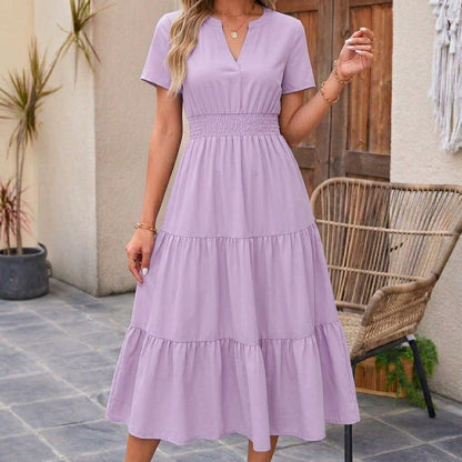 Vestido largo Mujer de lino Manga corta cuello en V