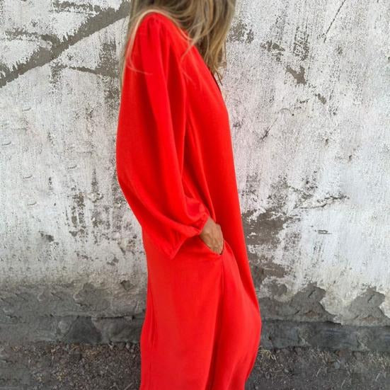 Vestido largo Mujer fluido escote en V mangas abullonadas