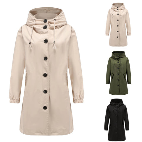 Trench Coat Mujer Largo con Capucha y Cuello Alto Ajuste Amplio
