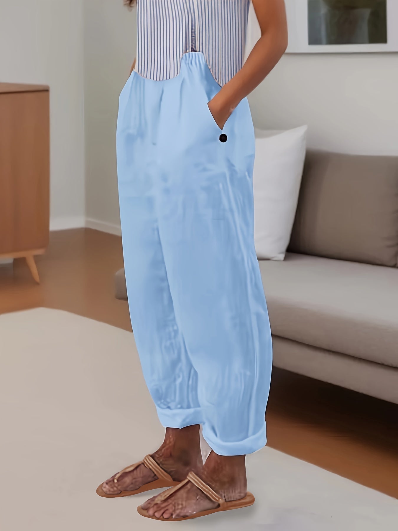 Pantalón Mujer de Lino Talle Alto Corte Relajado