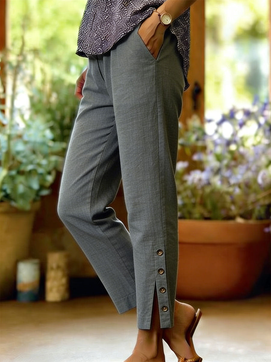 Pantalones Mujer Algodón Lino Corte Suelto Botones Laterales