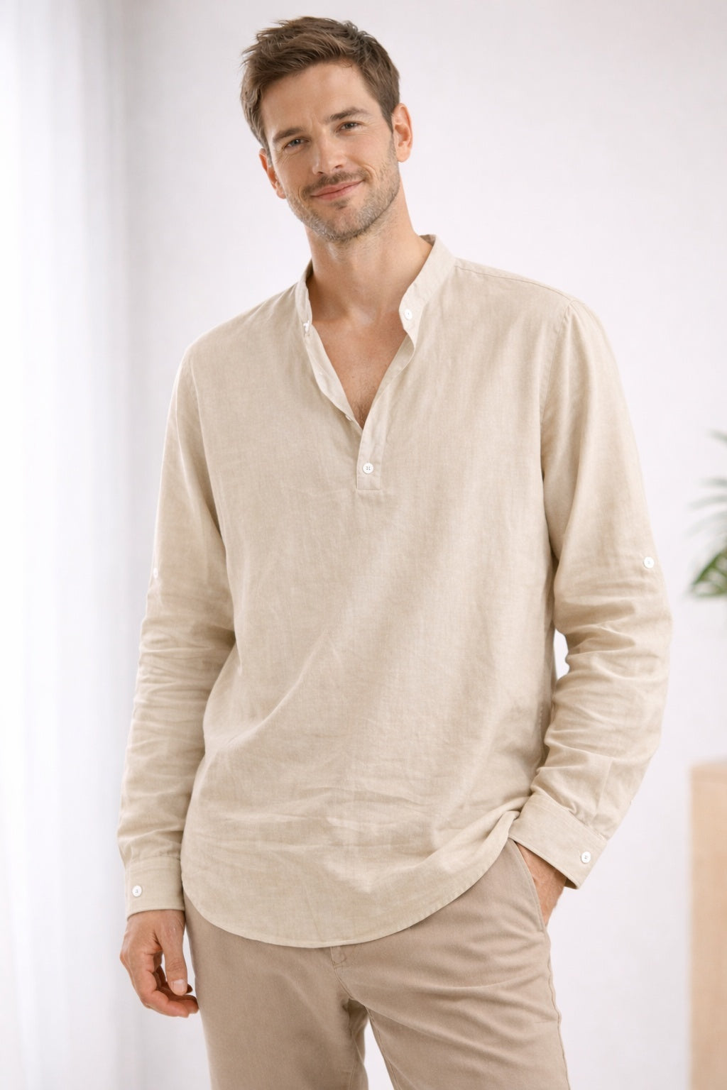 Camisa Henley Hombre Cuello Banda Manga Larga - Mavetta